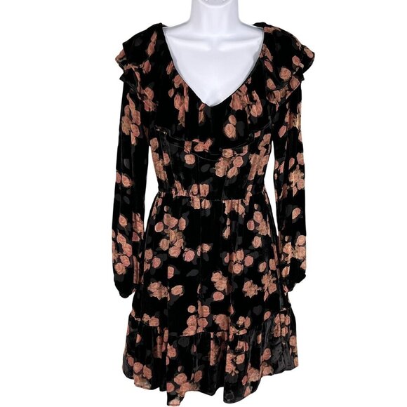 MICHAEL Michael Kors S Velvet Burnout Floral Long Sleeve Ruffle Silk Blend Dress - Picture 1 of 16